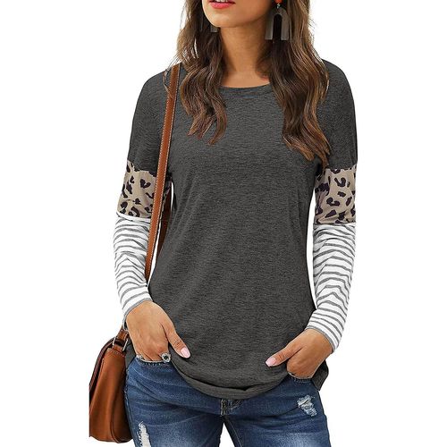 Femmes Leopard Print Patchwork Colour Block Tunique Col Rond Manches Longues