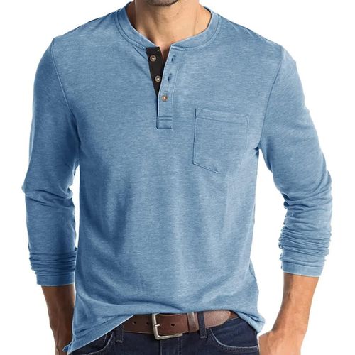 Mens Manches Longues Henley Basic Chemises Plain Smart Collarless Daily Casual Tops