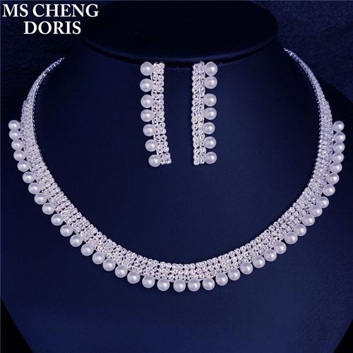 Ensembles De Bijoux De Mariée En Cristal De Luxe, Imitation De Perles, Strass Plaqué Argent, Accessoires De Mariage, Collier À Breloques, Boucles D'oreilles