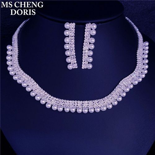 Ensembles De Bijoux De Mariée En Cristal De Luxe, Imitation De Perles, Strass Plaqué Argent, Accessoires De Mariage, Collier À Breloques, Boucles D'oreilles