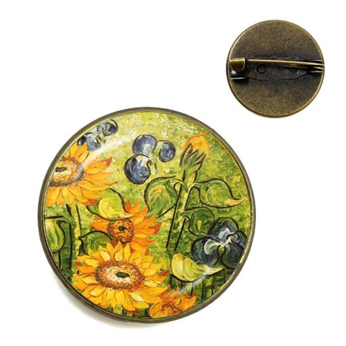 Broches Tournesol Nuit Étoilée Van Gogh Rétro Pour Hommes Et Femmes, Cabochon En Verre, Dôme, Bijoux Sac D'école, Broche Bronze, Cadeau