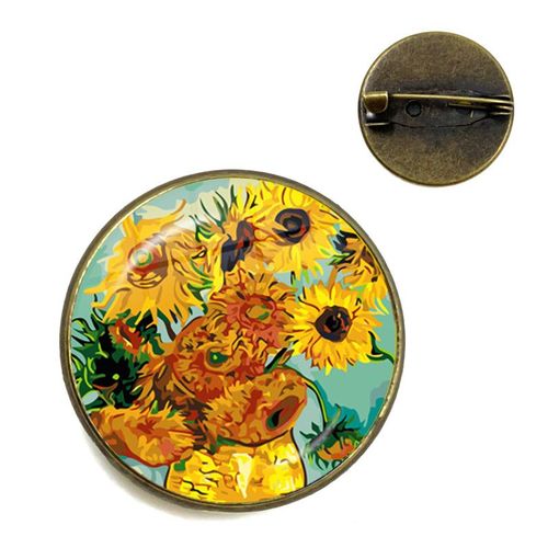 Broches Tournesol Nuit Étoilée Van Gogh Rétro Pour Hommes Et Femmes, Cabochon En Verre, Dôme, Bijoux Sac D'école, Broche Bronze, Cadeau