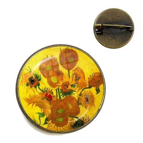 Broches Tournesol Nuit Étoilée Van Gogh Rétro Pour Hommes Et Femmes, Cabochon En Verre, Dôme, Bijoux Sac D'école, Broche Bronze, Cadeau