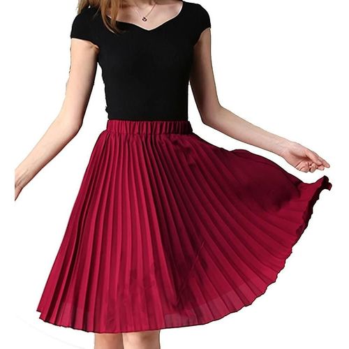 Jupe Plissée Femme Longueur Genou Taille Haute A-Line Midi Jupes Elasic Waist
