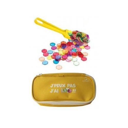 Kit Accessoires Loto Bingo 3 En 1 - Trousse + Baton Ramasse Jetons Magnetique Jaune + 100 Pions Aimantes - Set Materiel Jeu + Carte