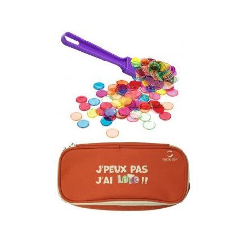 Kit Accessoires Loto Bingo 3 En 1 - Trousse + Baton Ramasse Jetons Magnetique Violet + 100 Pions Aimantes - Set Materiel Jeu + Carte