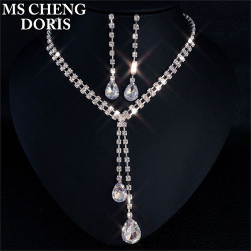 Ensemble De Boucles D'oreilles En Cristal Pour Femmes, Long Collier En Forme De Larme, Document Argenté, Patients De Mariage, Demoiselle D'honneur, Fête Formelle, Ensemble De Bijoux De Rh