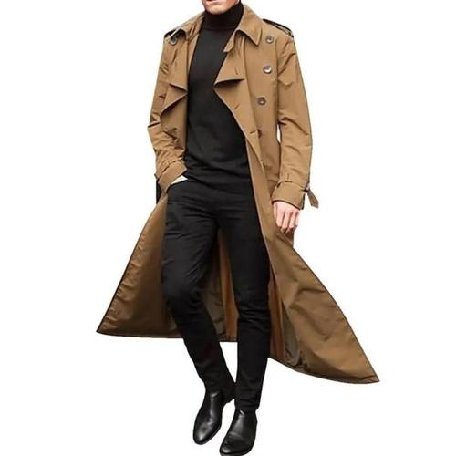 Trench Long Homme Ceinturé Coupe Vent Trench-Coat Mince Double Boutonnage Trench Col Revers Printemps Automne Trench Légère Kaki