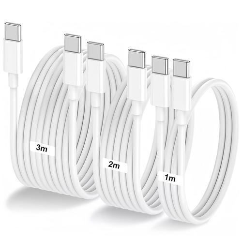 Lot De 3 Câble Usb-C Vers Usb-C 60W Blanc 1M/2M/3M Câble Chargeur De Charge Rapide Pour Apple Macbook Pro, Ipad Pro, Iphone 15/15 Pro, Samsung, Google Pixel, Fire Tablets, Kindle Paperwhite