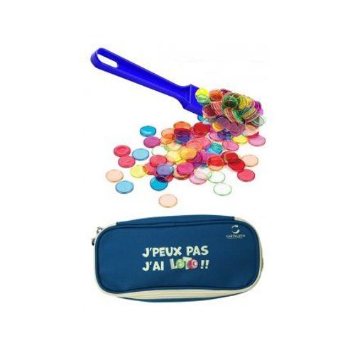 Kit Accessoires Loto Bingo 3 En 1 - Trousse + Baton Ramasse Jetons Magnetique Bleu + 100 Pions Aimantes - Set Materiel Jeu + Carte