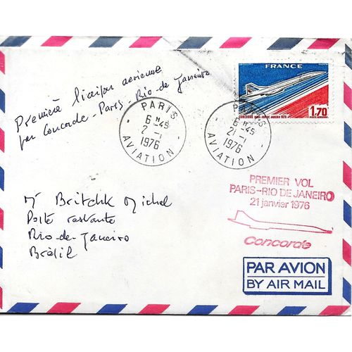 France 1976, Très Belle Enveloppe Commémorative, Timbre De Poste Aérienne Yvert 49, 1ère Liaison Aérienne Par Concorde Paris - Rio De Janeiro.