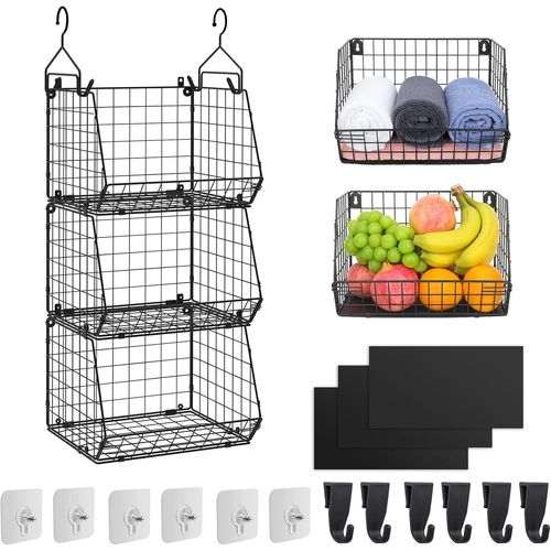 Corbeille A Fruit Panier Fruit Et Legumes Rangement Suspendu Etagere Suspendue 3 Niveaux Murale Suspendue Range Rangement Cuisine Avec 6 Crochets Acier Allié Noir (1#)