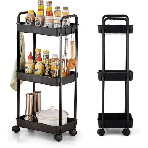 Chariot de Rangement Mobile à 3 Niveaux, Chariot à roulettes Étagère Coulissante pour Cuisine, Salle de Bain, Bureau et Maison, 35 x 24 x 79cm, Noir