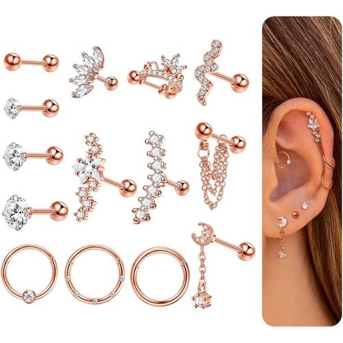 14pi¿¿Ces Lot Boucles D'oreilles Clou Femme Homme Acier Inoxydable 16g ¿¿Toile Lune Serpent Vis Arri¿¿Re Boucles D'oreilles Argent Hypoallerg¿¿Nique Helix Tragus Cartilage Piercing Oreille