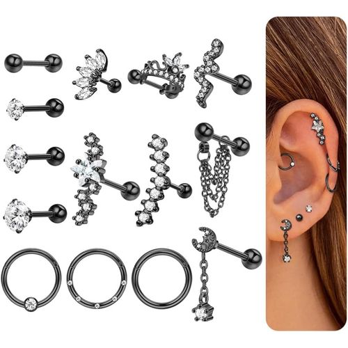 14pi¿¿Ces Lot Boucles D'oreilles Clou Femme Homme Acier Inoxydable 16g ¿¿Toile Lune Serpent Vis Arri¿¿Re Boucles D'oreilles Argent Hypoallerg¿¿Nique Helix Tragus Cartilage Piercing Oreille