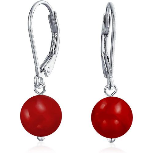Simple Basic Gemstone Round 8mm Bead Ball Drop Pendre Earrings For Women Teen Secure Hinge Lever Back .925 Argent Sterling Birthstones More Colors