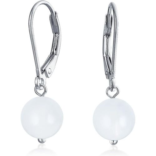 Simple Basic Gemstone Round 8mm Bead Ball Drop Pendre Earrings For Women Teen Secure Hinge Lever Back .925 Argent Sterling Birthstones More Colors