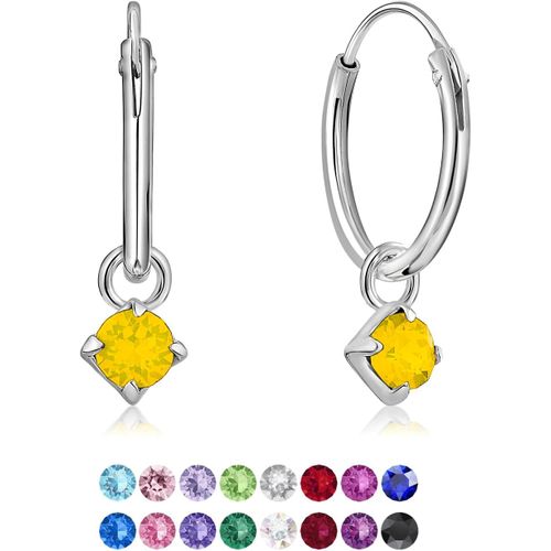 ? Boucles D'oreilles Petites Cr¿¿Oles En Argent Fin 925 Avec Petit Pendentif 3 Mm Cristaux De Swarovski? Elements Ronds - ¿¿Paisseur 1.5 Mm - Diam¿¿Tre: 14 Mm - Choix De Diff¿¿Rentes Couleurs