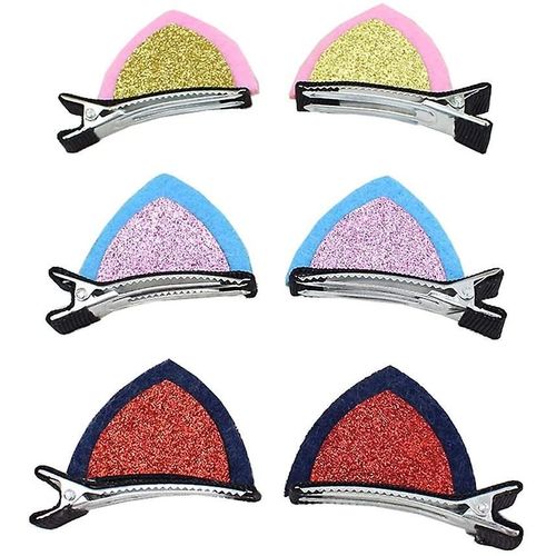 6pairs Color Random Cute Cat Ear Shape Glitters Hair Clips Shiny Hair Clamps