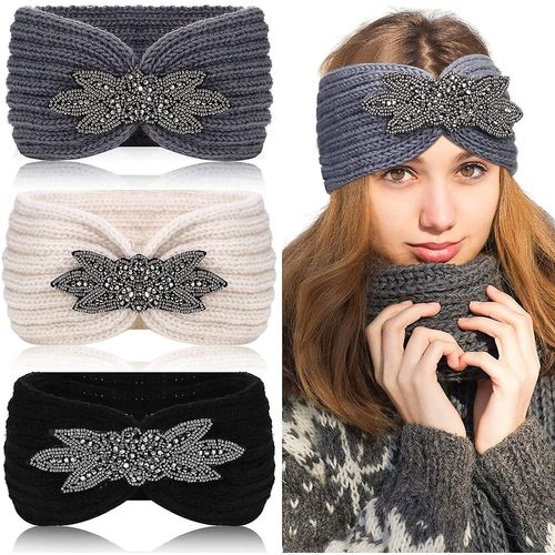 Casque Tricoté D¿Hiver Chauffe-Oreilles Pour Femmes, 3 Pièces Chunky Sequin Flower Knit Headband