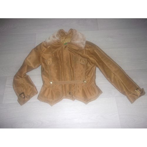 Blouson Kristina Popovitch Ocre Doré Col Fourrure Chic 38