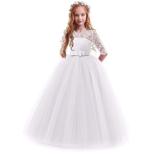 Flower Girls 3/4 Sleeve Dentelle Florale Tulle Première Communion Concours Robes Enfants