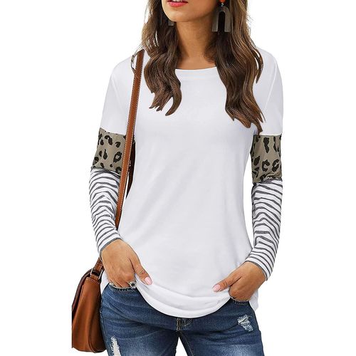 Femmes Leopard Print Patchwork Colour Block Tunique Col Rond Manches Longues