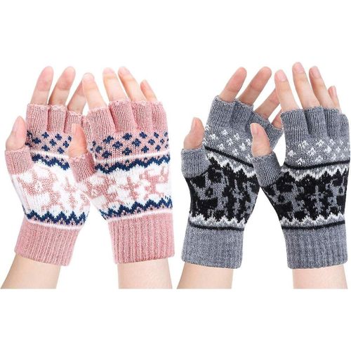 Mitaines Pour Femmes - Mitaines En Laine Tricotées Douces D¿Hiver (Gris + Rose)