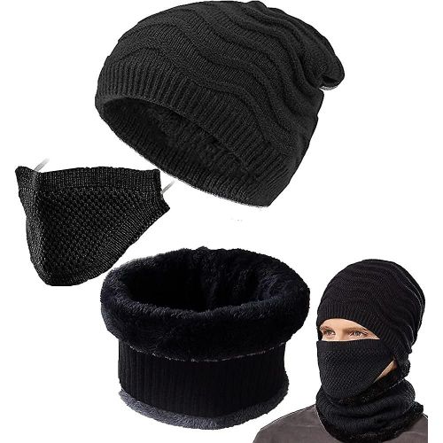 Bonnet D¿Hiver Chapeau Foulard Hommes Plus Chaud 3 Pièces Avec Visage Plus Chaud Polaire Doublure Boucle Acsergery Cadeau