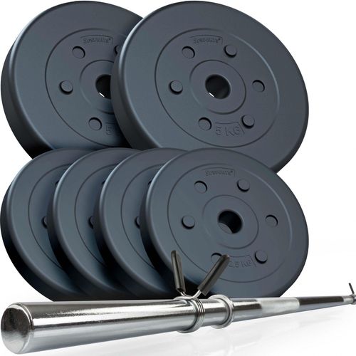 Scsports® Jeu D'haltères - Poids En Plastique De 20kg (2x5kg & 4x2.5kg), Barre En Acier Chromé De 140cm - Ensemble D'haltères, Musculation