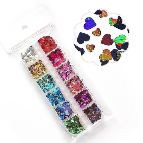 Décoration Nail Art Adolescent, Une Boîte De 12 Paillettes Holographiques Holographiques De Nail Art, Paillettes D¿Ongles Butterfly Heart Star Maple Leaf Et Fleurs Nail Art 