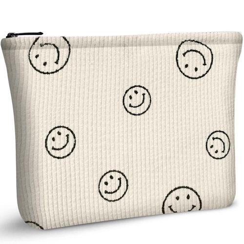 Smile Print Makeup Bag pour femmes, velours côtelé Sac cosmétique de voyage, trousse de toilette Makeup Pouch Organisateur Cadeau pour femmes fille
