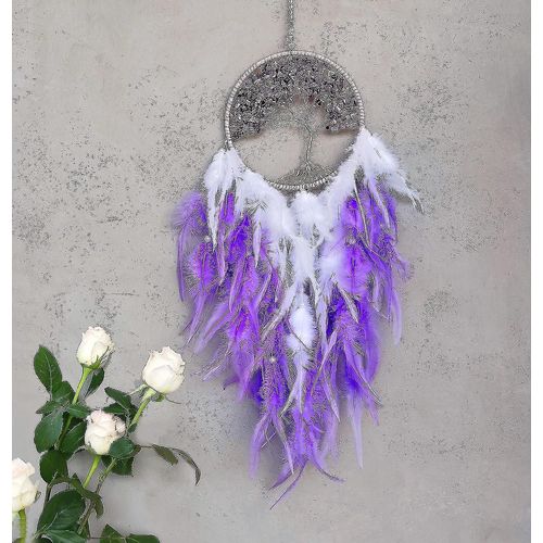 Attrape-rêves, arbre de vie violet - attrape-rêves avec améthyste naturelle Pierre plume Tenture murale à la main ornement décoration de chambre à coucher comme meilleur souhait