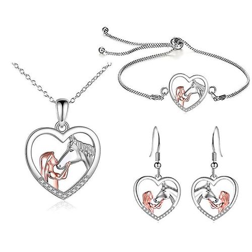 Fille Et Cheval Collier Chevaux Bijoux Cheval Collier Boucles D¿Oreilles Set Cadeaux Pour Femmes4pcssargent