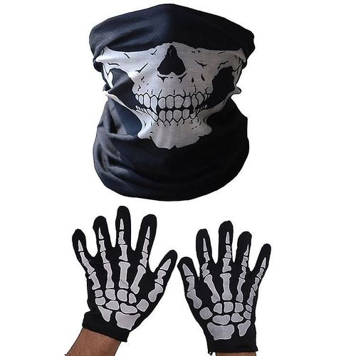 Gants squelettes blancs et masque facial de crâne Os fantômes pour la fête de costume de danse d¿Halloween adulte (1 ensemble, noir)