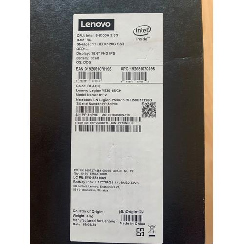 Lenovo Legion Y530-15ICH 81FV - 15.6" Intel Core i5-8300H - 2.3 Ghz - Ram 8 Go - DD 128 Go