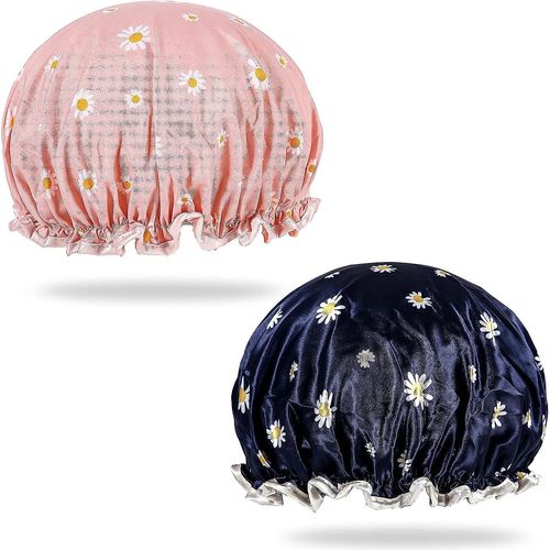 Double Couches Imperméables À L¿Eau Bonnets De Douche Pour Femmes Cheveux Longs Chapeau De Douche Casquettes De Bain Avec Bande Élastique Pour Home Hotel Spa Salon (Bleu Et Rose) (2pcs) 