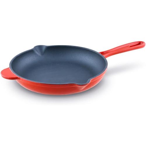 Poêle à Frire en Fonte Rouge 24cm Ronde Avec Becs Verseurs,Skillet Antiadhésive,Induction Pour l'extérieur et l'intérieur,Gaz Cuisinière Electrique Four Grill,Poêle Inrayable(Q134)