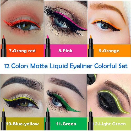 12 Pcs Mat Liquide Coloré Eyeliner Ensemble Coloré Néon Eye Liners Arc-En-Ciel Eyeliner Crayon Yeux À Séchage Rapide Stylo De Maquillage 