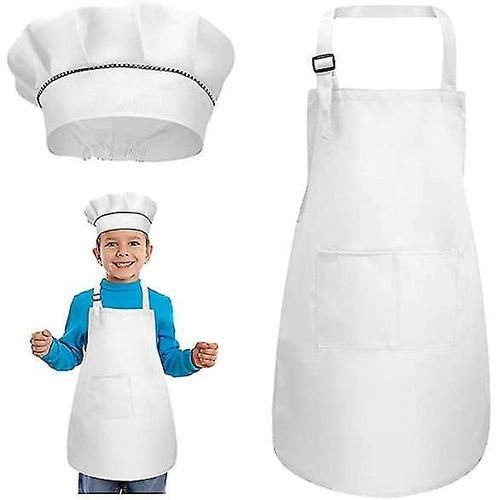 Blanc - Ensemble Tablier + Toque, Tablier De Cuisine Rglable Pour Enfants Avec Poches Pour La Cuisine, La Ptisserie Et La Peinture, Pour Les Enfants D