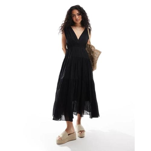 Robe Longue Sans Manches À Volants Étagés Et Col V - Noir