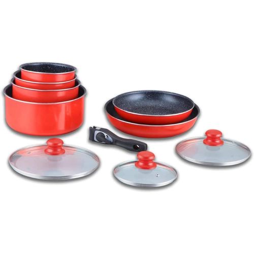 Batterie De Cuisine - Lot De Casserole Induction - Set Casserole Et Poele Tous Feux - Set De Cuisine En Revêtement Pierre Avec Manche Amovible 10 Pieces Hg-5000 Rouge[L221]