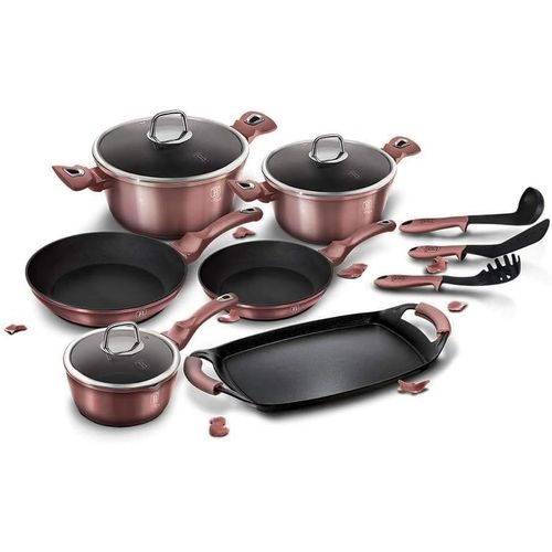 I-Rose Batterie De Cuisine À Induction 12 Pièces Antiadhésive Titane Sans Pfoa, Aluminium, 3 Casseroles 3 Couvercles 2 Poêles, Plaque À Griller 3 Ustensiles De Cuisine, Design Moderne[L1271]