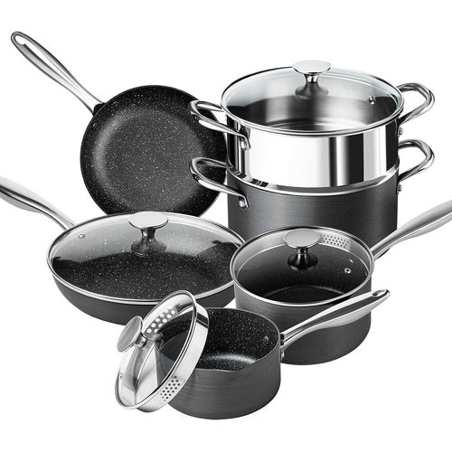Batterie De Cuisine Anodisée Dure ¿ Ensemble De Casseroles Et Poêles Antiadhésives Avec Intérieur En Granit, Batterie De Cuisine À Induction Avec Insert Vapeur[L802]