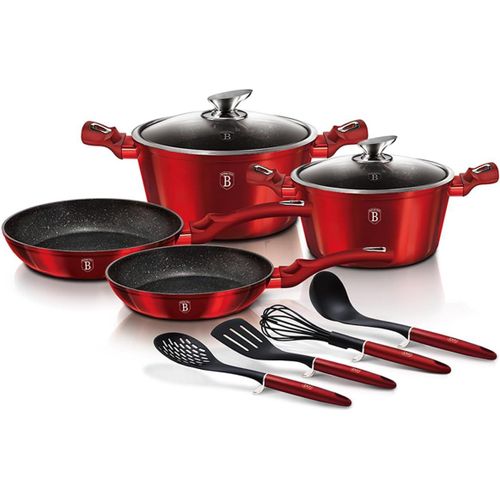 Burgundy Batterie De Cuisine À Induction 10 Pièces Antiadhésive Marbre Sans Pfoa, Aluminium, 2 Casseroles 2 Couvercles 2 Poêles À Frire 4 Ustensiles, Design Metallic Line Rouge Bh-6141[L588]