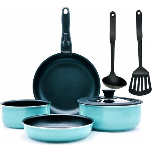 - Batterie De Cuisine Easyclick 8 Pièces - Casseroles 16 & 20cm, Poêles 20 & 24cm, Manche Amovible, Couvercle Adaptable 16 À 20cm, Louche & Spatule - En Aluminium - Induction - Bleu Ciel[L373]