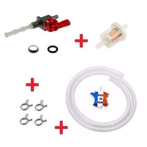 Kit Essence Peugeot 103 : Robinet Rouge + Collier + Durite + Filtre Moto Mobylette Cyclomoteur Moto Sp Mvl Vogue Fox Rcx Spx