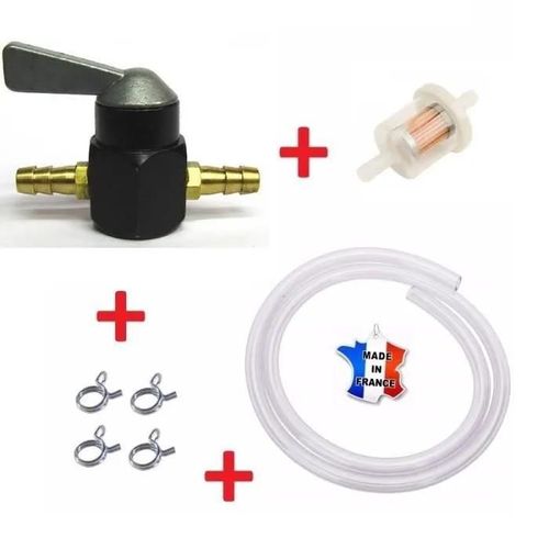 Kit Essence Universel : Robinet 8mm Noir + Collier + Durite + Filtre A Carburant Moto Mobylette Tondeuse Tracteur Motoculteur