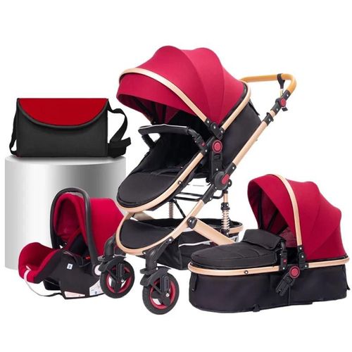 Système De Voyage 3-En-1 Pour Bébé, Poussette Réglable Paysage, Pliant, Rouge Vin