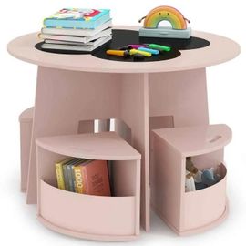 Costway Table Et Chaises 5 Pièces Pour 4 Enfants 3ans+, Table Ronde Avec Tabourets D¿Activité Empilables Pour Salle De Jeux, Rose